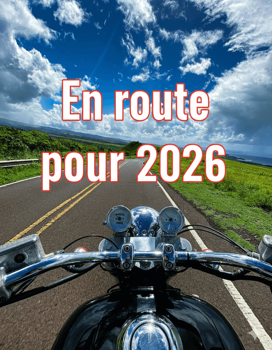 Moto sur route avec paysage cotier et ciel blau semi-nuageux