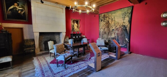 Pièce avec bureau et cheminée